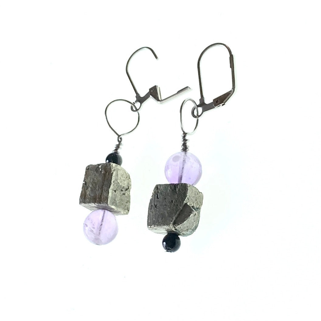 Empowering intuition Earrings- Amethyst & Pyrite earrings - 8mm Amethyst, 10mm pyrite cube