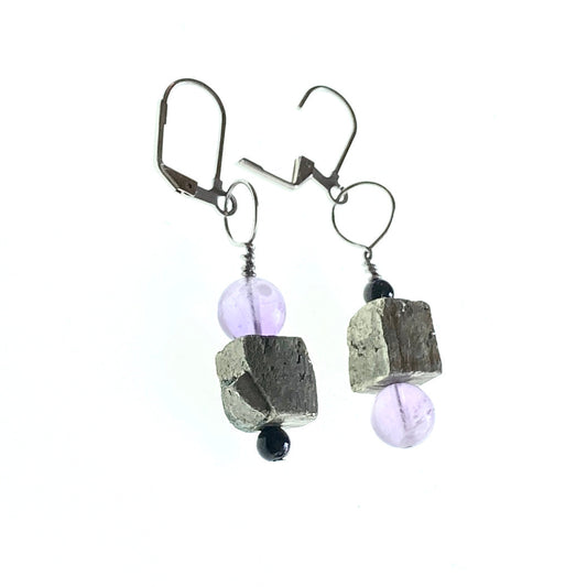 Empowering intuition Earrings- Amethyst & Pyrite earrings - 8mm Amethyst, 10mm pyrite cube