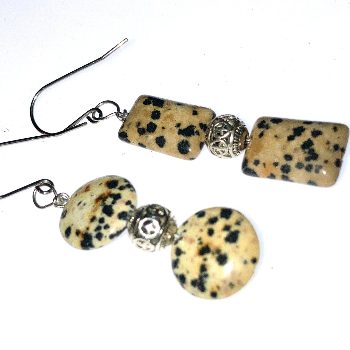 Peaceful Acceptance Earrings  - Natural Dalmatian Jasper Earrings  20mm Coin & rectangles