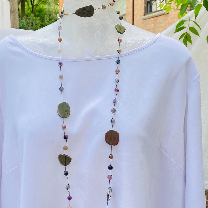 Revealing the Facade Necklace Peacemaker - flourite 6mm beads & pyrite slab necklace