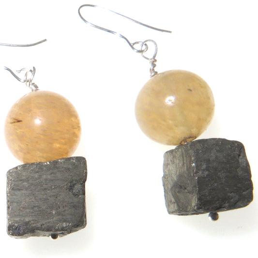 Sharing Natural Crystal Earrings - Citrine & Pyrite 8mm beads & Pyrite 8mm cubes