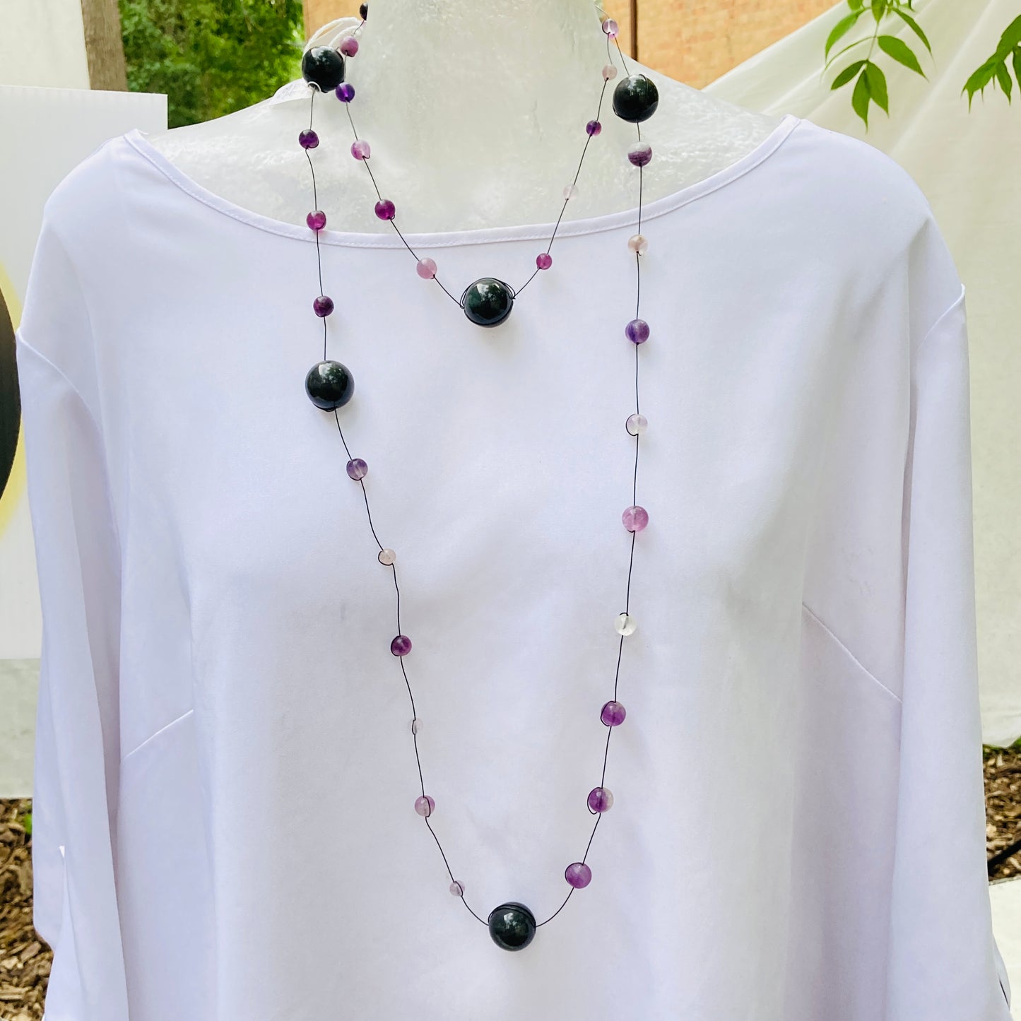 Calm Logic Natural Purple Fluorite Crystal Necklace with Rainbow Obsidian 60 inches