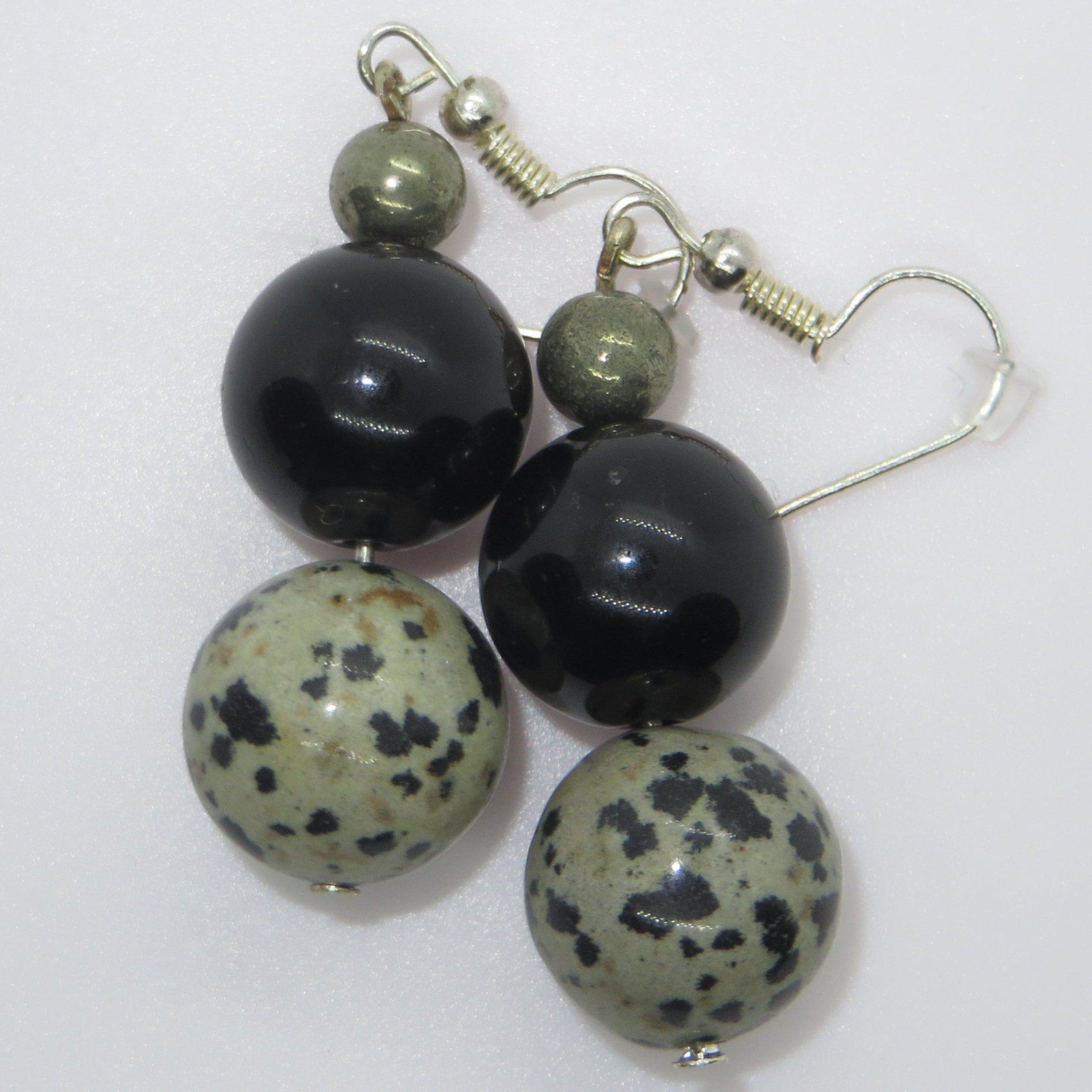Natural stone earrings of pyrite, gold obsidian and dalmation stone.