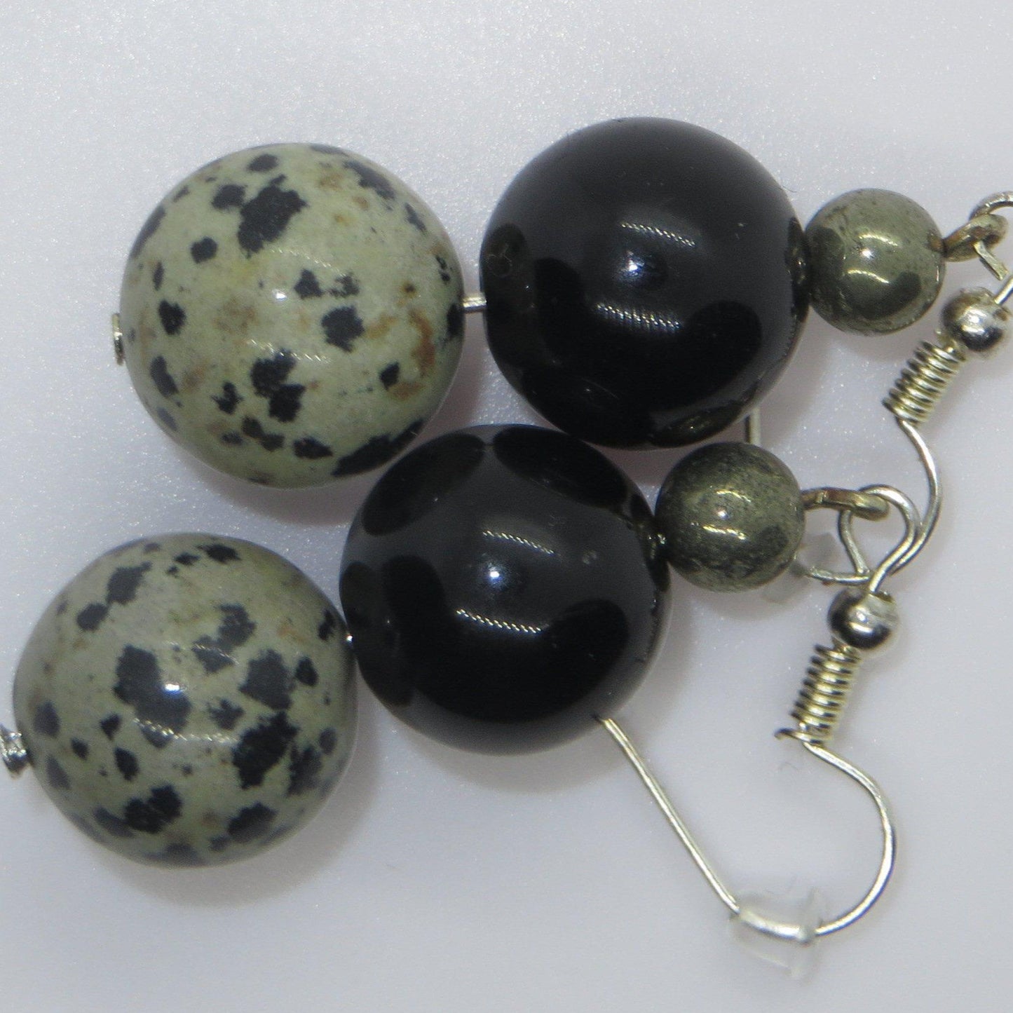easy to wear earrings of dalmation stone, pyrite and gold obsidian