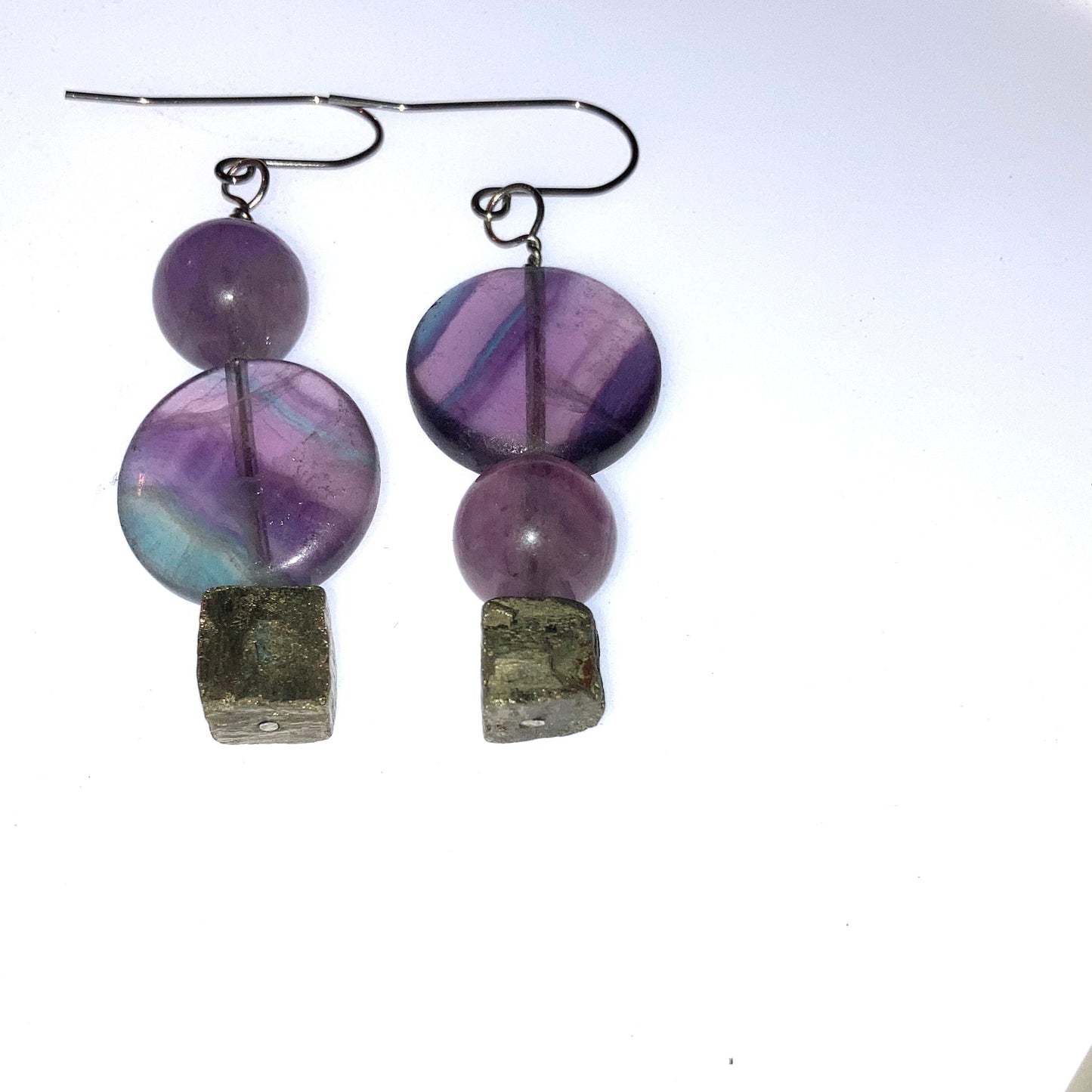 Protected leadership upside earrings - Multi Fluorite Beads 20mm & Purple Fluorite Beads 10mm & Pyrite Cube 8-10mm Earrings