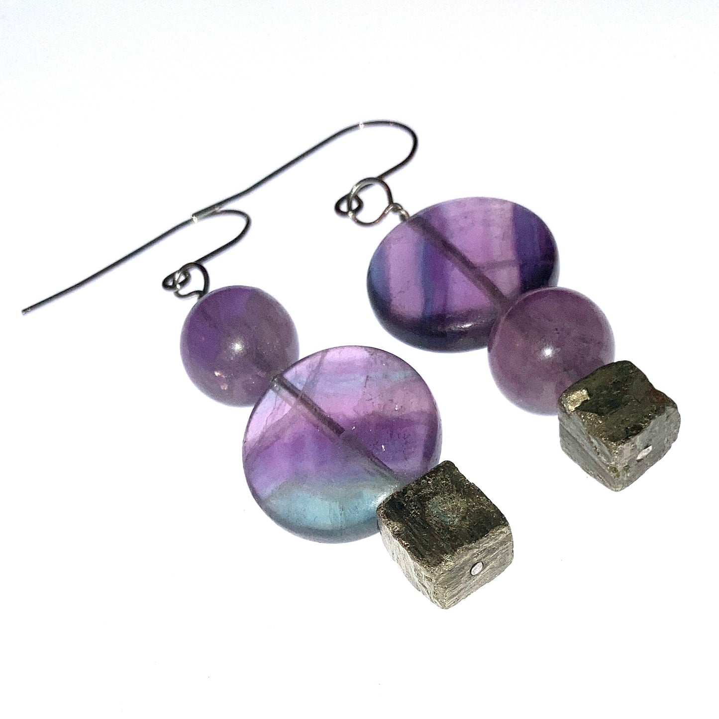 Protected leadership upside earrings - Multi Fluorite Beads 20mm & Purple Fluorite Beads 10mm & Pyrite Cube 8-10mm Earrings